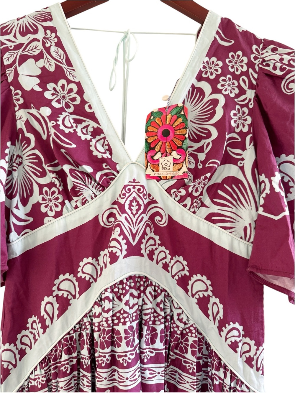 FARM RIO NWT Printed V Neck Puff Sleeve Maxi Dress Size Small in Purple Plum - Picture 4 of 14